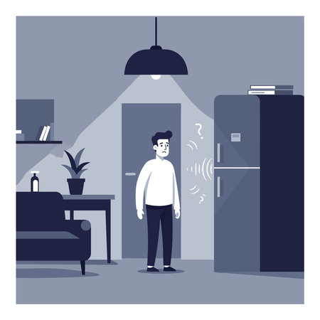 Illustration shows a man standing confused near a refrigerator in a modern home interior with cool lighting and blue tones, calm atmosphere.のイラスト素材