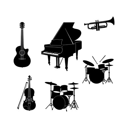 This vector illustration shows piano, guitar, violin, trumpet, and drums in black silhouette style, creating a classic musical theme. Calm mood.のイラスト素材