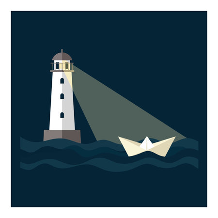 Illustration shows a lighthouse casting light beam on a paper boat floating on dark, wavy sea at night. Calm and peaceful mood.のイラスト素材