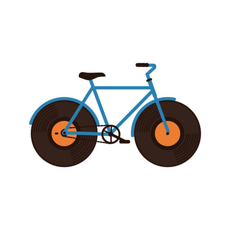 Illustration shows a bicycle with black and orange vinyl record wheels, combining music and cycling in a playful style. Cheerful mood.のイラスト素材