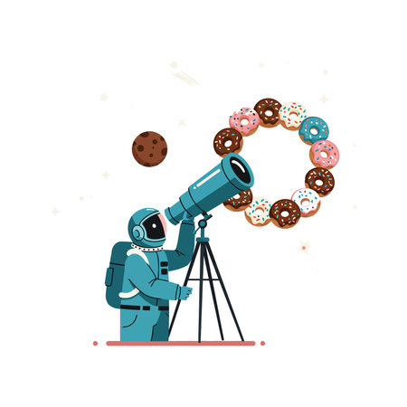 Astronaut in blue suit uses telescope to observe a ring of colorful donuts in space, creating a whimsical cosmic scene, cheerful mood.のイラスト素材