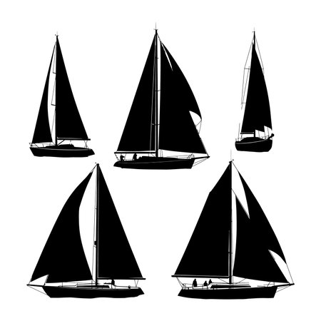 Vector illustration shows five sailboats with black sails in different angles on a white background, presenting a nautical theme, calm mood.のイラスト素材