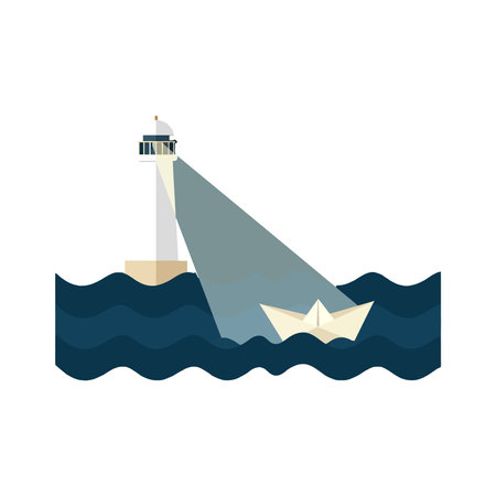 Vector illustration shows lighthouse casting light on paper boat sailing through dark blue waves in minimalist style, creating calm and hopeful mood.のイラスト素材