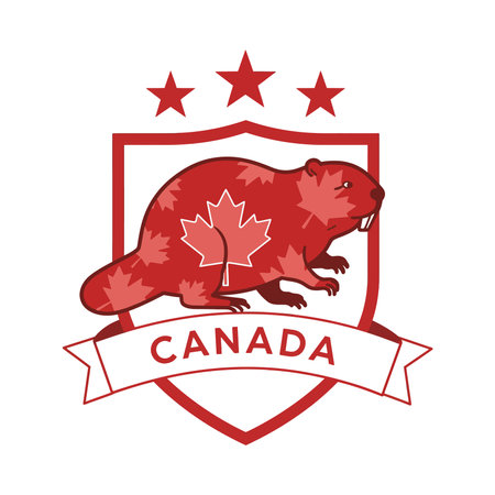 Vector illustration shows a Canadian beaver with a maple leaf inside a shield and three red stars above, presenting national pride. Strong mood.のイラスト素材