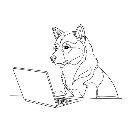 Illustration shows a Siberian Husky dog attentively looking at a laptop screen in black and white line art style, calm mood.のイラスト素材