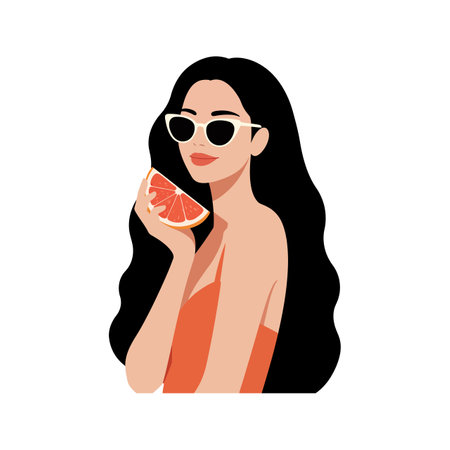 Illustration shows woman with long black hair and sunglasses holding a grapefruit slice, dressed in orange, evoking a fresh summer mood.のイラスト素材