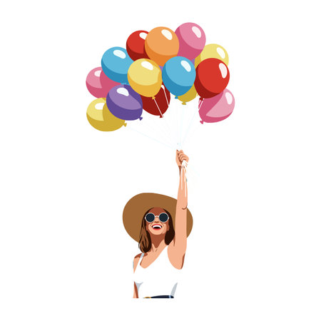 Illustration shows a woman wearing a summer hat and sunglasses holding colorful balloons with joy and celebration mood.のイラスト素材