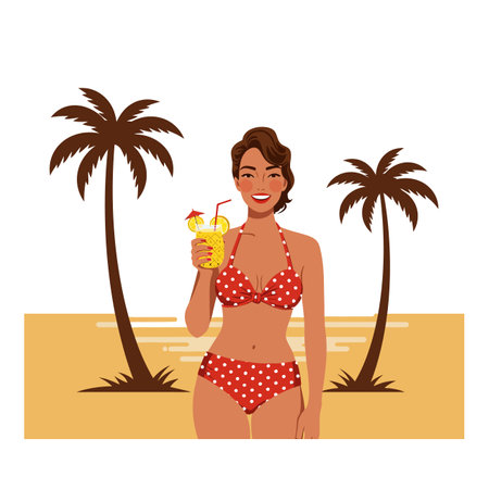 Woman in red polka dot bikini holds tropical drink with umbrella by palm trees on a summer beach, creating a relaxed and joyful mood.のイラスト素材