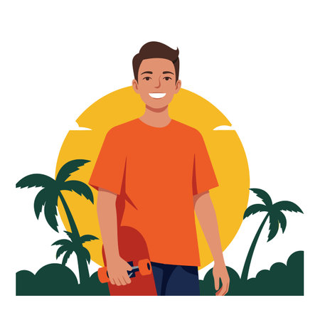 Illustration shows a young man smiling while holding a skateboard against a tropical sunset background, evoking a relaxed and cheerful mood.のイラスト素材