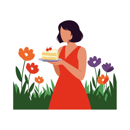 Woman wearing red dress holds a cake with two cherries, standing among colorful flowers, creating a festive and joyful mood.のイラスト素材