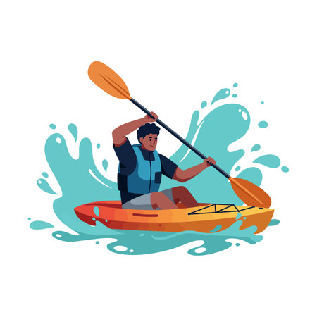 Illustration shows a man paddling an orange and yellow kayak with blue water splash background in active motion energetic mood.のイラスト素材