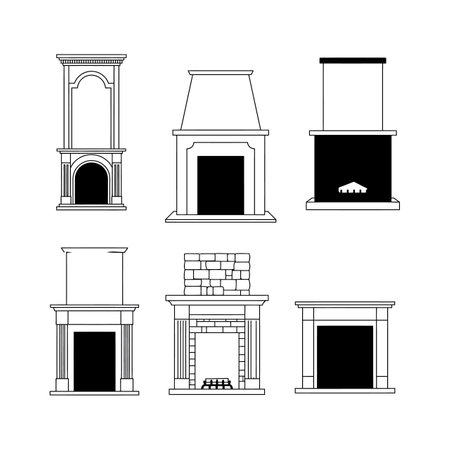 This vector set features six fireplaces in classic and modern styles rendered in black and white line art, showing architectural details. Calm ambiance.のイラスト素材