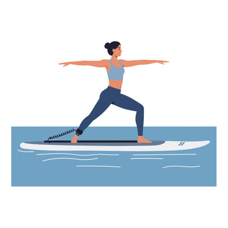 Woman performs yoga pose on a paddleboard floating on calm water, demonstrating balance and fitness in a peaceful setting. Relaxing mood.のイラスト素材