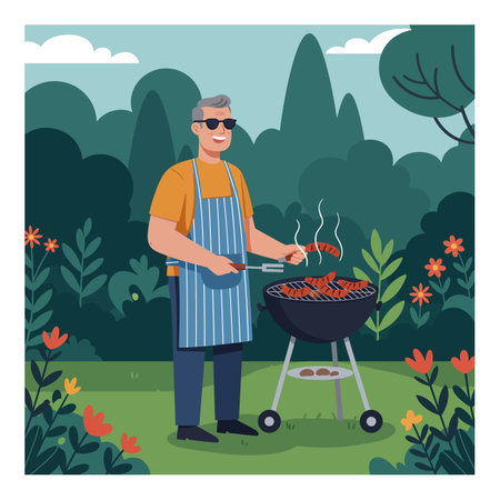 A man in sunglasses grills meat on a charcoal barbecue in a lush garden with colorful flowers and greenery, creating a relaxed atmosphere.のイラスト素材
