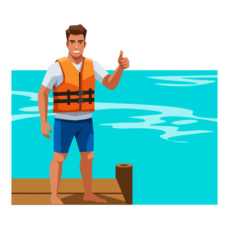 Man in orange life jacket stands on a wooden pier beside blue water, giving a thumbs up with a confident and positive expression. Cheerful.のイラスト素材