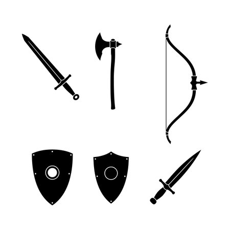 Vector illustration shows medieval weapons including swords, axe, bow, and shields in black silhouette style. Design appears simple and bold. Classic mood.のイラスト素材