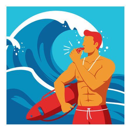 Illustration shows lifeguard holding rescue buoy and blowing whistle with large ocean wave behind, evoking alert and readiness mood.のイラスト素材