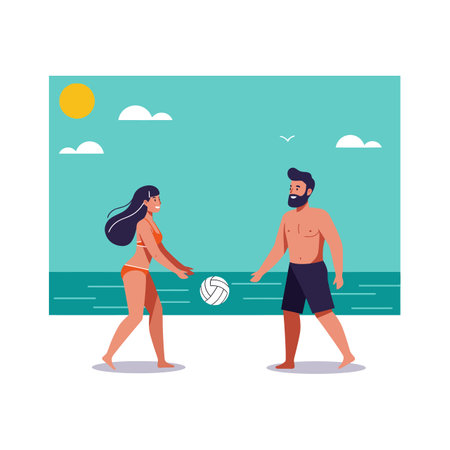 A man and woman play beach volleyball on sand near the ocean with bright sun and clouds, creating an active and joyful mood.のイラスト素材