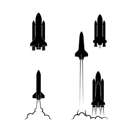 Vector illustrations show space shuttle silhouettes launching with smoke and trails in black on white, conveying innovation and exploration mood.のイラスト素材