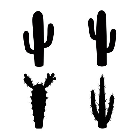 Vector shows four distinct cactus silhouettes representing desert plants in black, creating a bold and minimalistic natural design. Calm mood.のイラスト素材
