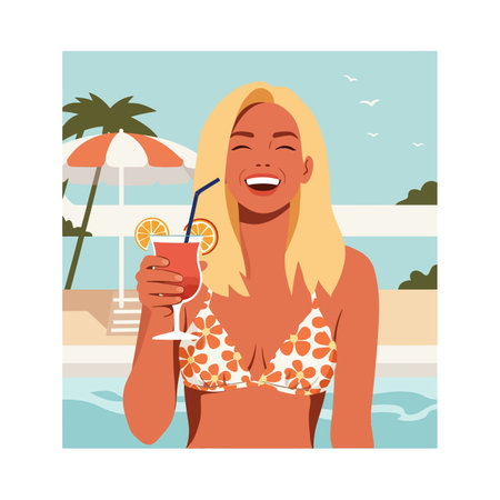 A smiling woman in a floral bikini holds a tropical drink by the pool with palm trees and beach scenery under soft daylight, cheerful mood.のイラスト素材