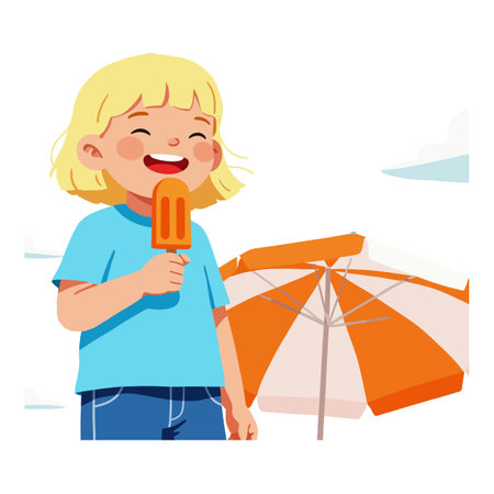 Child with blonde hair enjoys an orange popsicle by a matching orange beach umbrella in a sunny outdoor setting, cheerful mood.のイラスト素材