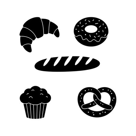 This vector illustration shows bakery food items including a croissant, donut, baguette, muffin, and pretzel in simple black silhouettes for versatile design use. Cheerful.のイラスト素材