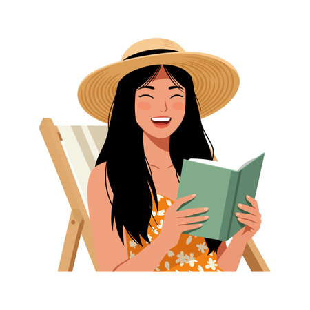Woman with long black hair reads a book while sitting on a wooden deck chair wearing a summer hat, creating a relaxed and joyful mood.のイラスト素材