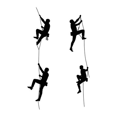 Four climbers use ropes to ascend and descend in a dynamic outdoor sports scene, captured as black silhouettes with clear action and focus. Energetic mood.のイラスト素材