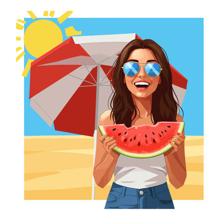 Woman wearing sunglasses enjoys a large slice of watermelon under a red beach umbrella on a sunny day. Bright and cheerful mood.のイラスト素材