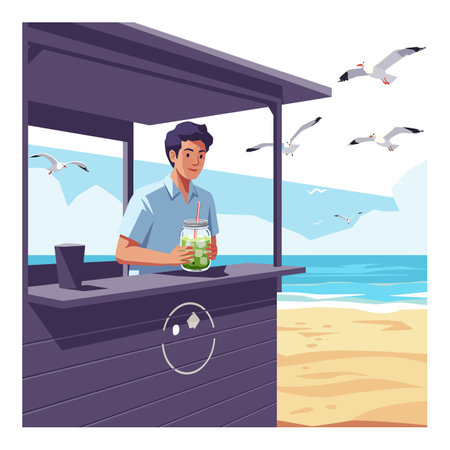 A young man serves a refreshing drink at a beach kiosk with seagulls flying over the sandy shore, creating a calm and peaceful mood.のイラスト素材