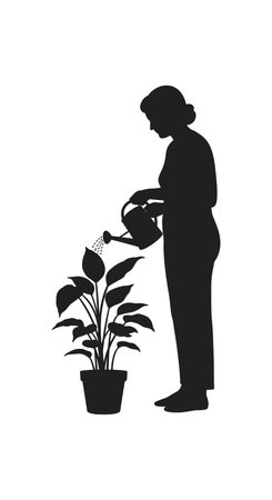 Silhouette of woman watering a houseplant indoors in black and white vector style, conveying calm and nurturing atmosphere.のイラスト素材