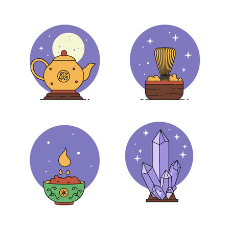 Vector illustration shows a teapot, whisk, bowl with flame, and crystal cluster on purple backgrounds with stars, creating a calm atmosphere.のイラスト素材
