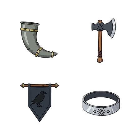 Vector illustration showing a Viking horn vessel, battle axe, raven banner, and metal ring in a simple style, evoking historic and warrior themes.のイラスト素材