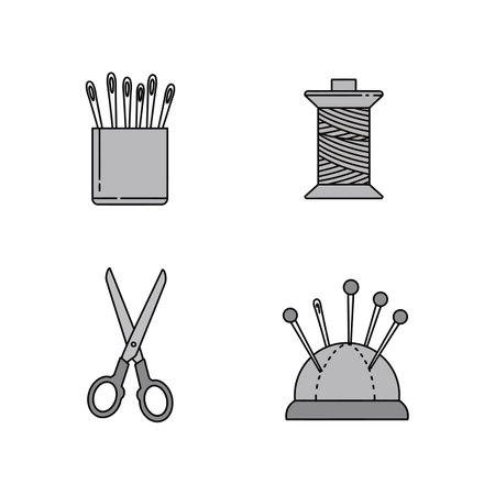 Vector illustration shows sewing tools including scissors, thread spool, pins, and safety pins in simple style. Functional and neutral mood.のイラスト素材