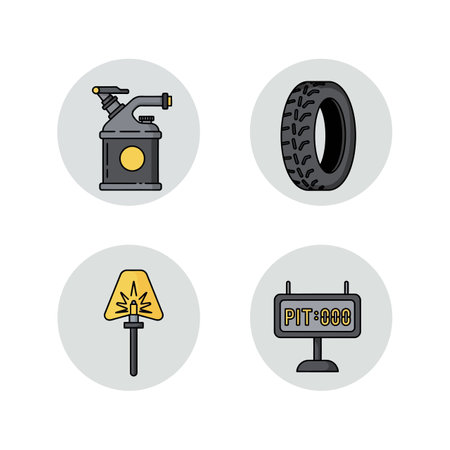 Vector icons show racing toolbox, dash, signal light, and pit stop timer with clean design and clear details. Professional and technical mood.のイラスト素材