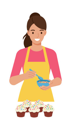 Woman wearing a yellow apron and pink shirt decorates colorful cupcakes with sprinkles in a cheerful kitchen scene. Bright and happy mood.のイラスト素材