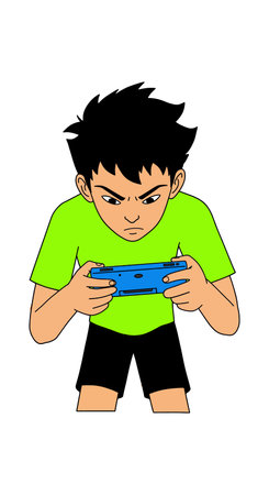 Illustration of a boy in green shirt and black shorts playing a blue handheld video game console with intense focus, digital entertainment mood.のイラスト素材