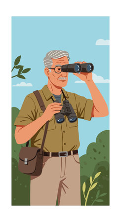 Elderly man uses binoculars for birdwatching in a green natural environment with clear sky, creating a calm and focused mood.のイラスト素材