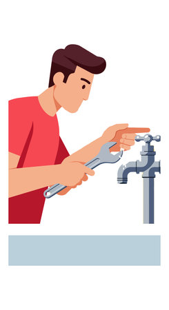 Illustration shows young man in red shirt repairing water faucet using wrench with focused expression and clean background, calm mood.のイラスト素材