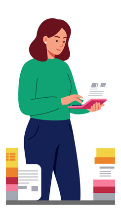 Illustration shows a woman reading a document with books and papers around, conveying focus and calm mood.のイラスト素材