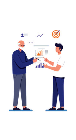 Two business professionals discuss and analyze charts with target goals in a modern office environment. Collaborative and focused mood.のイラスト素材