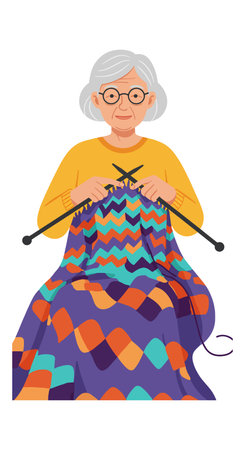 Elderly woman with gray hair and glasses knitting a colorful geometric pattern blanket using yarn and needles in a calm scene. Peaceful mood.のイラスト素材