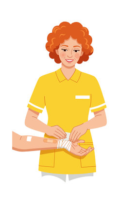 Illustration shows female nurse in yellow uniform applying bandage to patients arm in portrait orientation. The scene is caring and professional.のイラスト素材