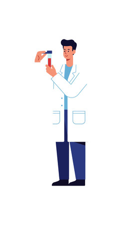 Vector illustration of a male scientist wearing a lab coat holding a test tube and dropper, demonstrating scientific work in a clinical setting. Professional mood.のイラスト素材