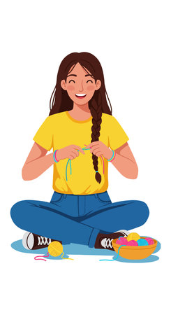 Illustration shows a young woman happily knitting with colorful yarn while sitting cross-legged in casual clothes, creating a cheerful mood.のイラスト素材