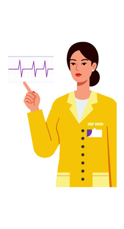 Female medical professional in yellow coat points at heart rate monitor displaying pulse waves, symbolizing healthcare and monitoring. Calm mood.のイラスト素材