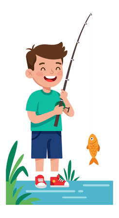 Boy stands by water holding fishing rod and catching an orange fish. The scene shows greenery with a joyful mood.のイラスト素材