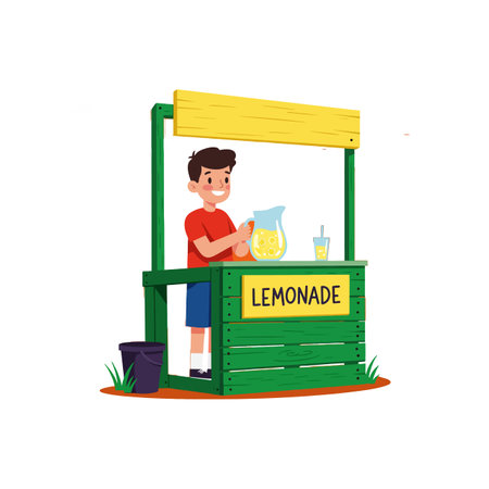 A boy happily sells lemonade at a green wooden stand with yellow signs under bright daylight, creating a cheerful summer mood.のイラスト素材