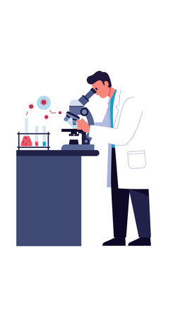 Scientist studies microorganisms through microscope in laboratory with petri dish and scientific...
